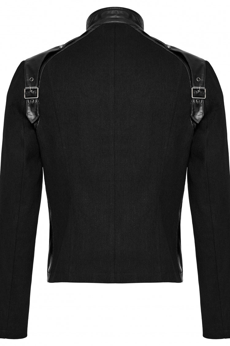 Black Round Collar Multi-Buckles Straps Faux Leather Men's Punk Jacket - Product - 6