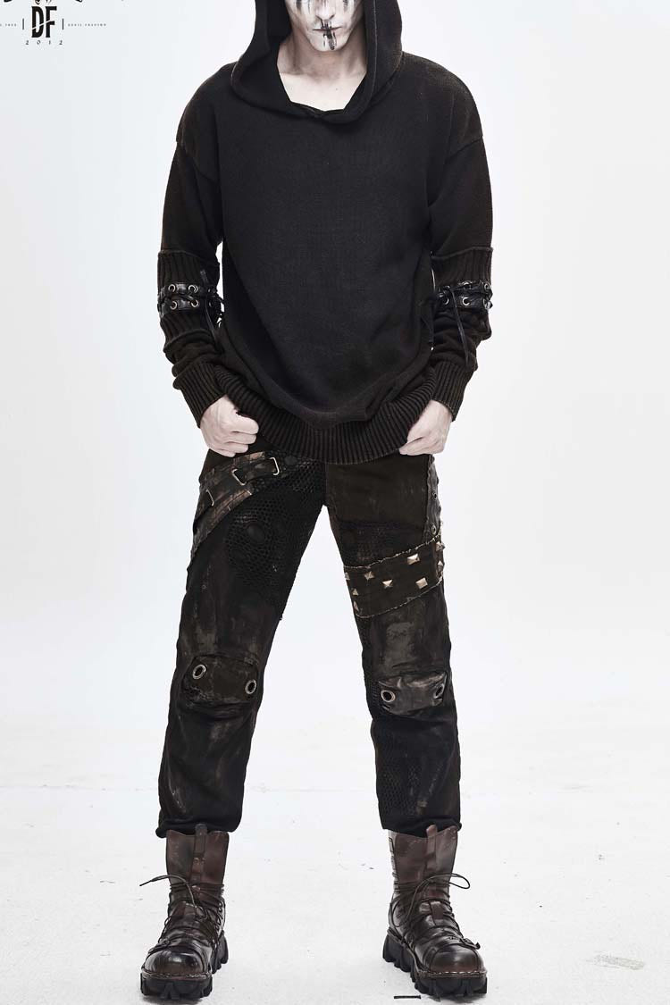 Brown Worn-Out Long Sleeve Elbow Leather Strip Lace-Up Hooded Coarse Knit Men's Punk Sweater - Brown - 1