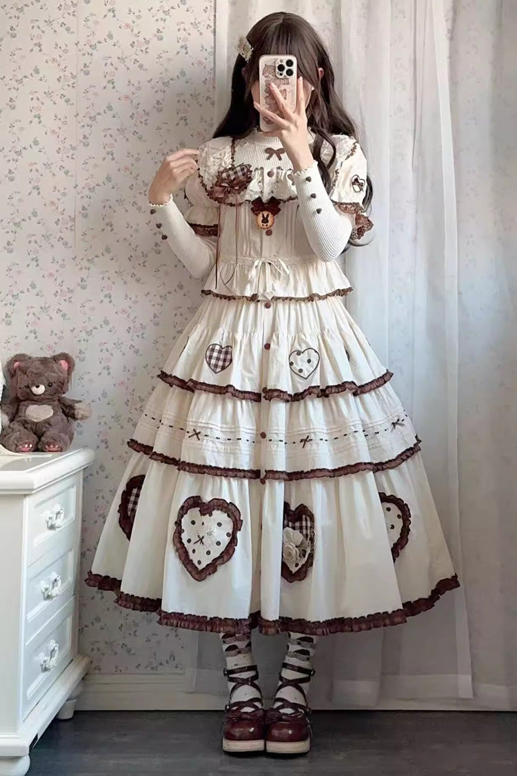 Ivory [Lovely Heart] Triple-Layered Ruffle Embroidery Bowknot Sweet Elegant Lolita Skirt - Product - 11