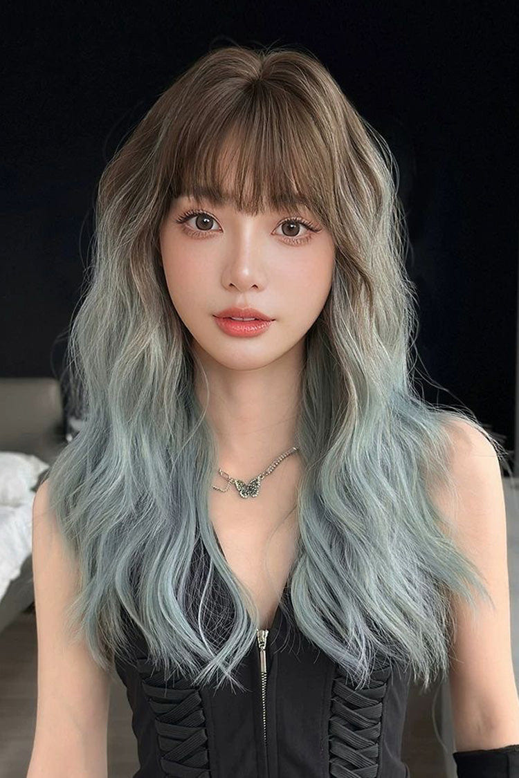Brown to Mint Blue Ombre Romantic Air Bangs Fluffy Big Curly Sweet Lolita Full Wig - Brown/Mint-Blue - 1
