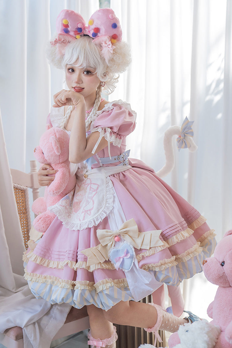 Pink Short Sleeves Print Ruffle Bowknot Lace-Up Sweet Princess Lolita Dress Set - Pink - 1