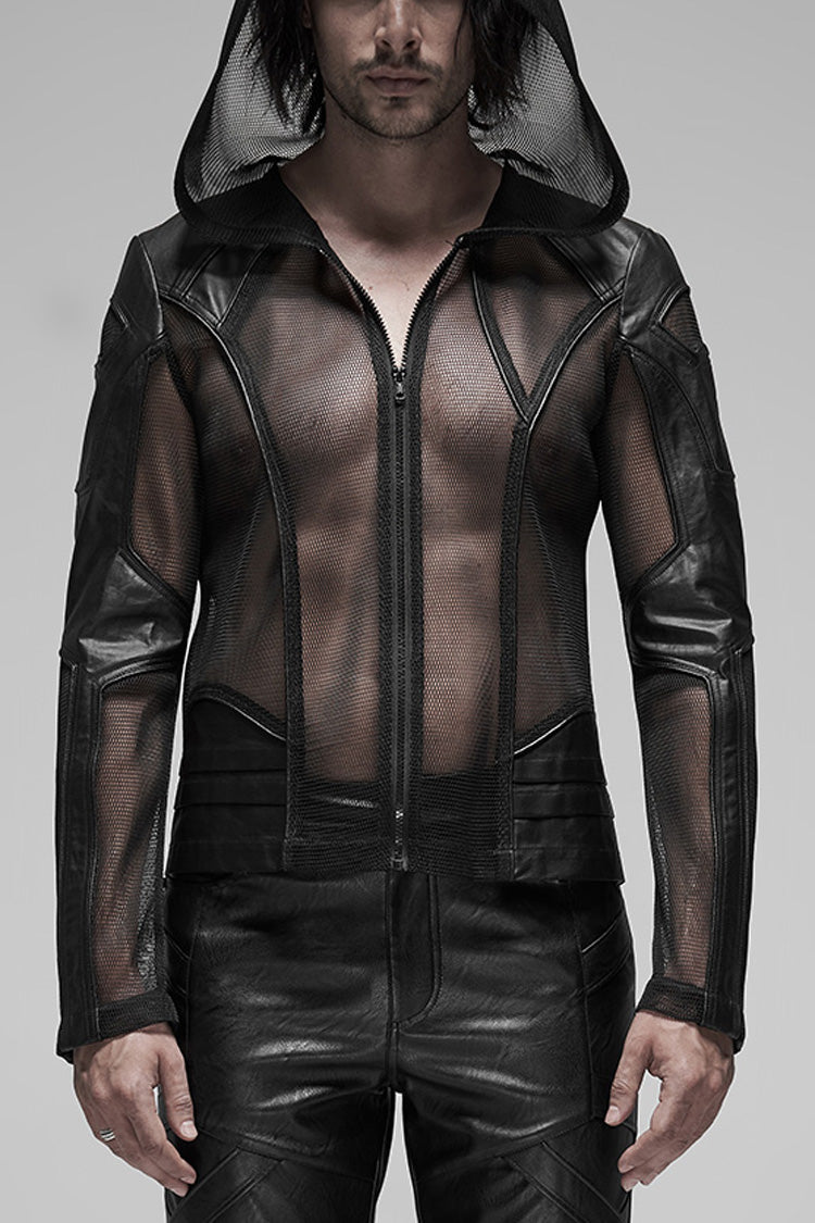 Black Long Sleeves Hooded Mens Translucent Steampunk Coat - Black - 1
