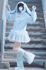 Blue Rabbit Ears Hooded Bowknot Lace Sweet Lolita Coat Set - Product - 4