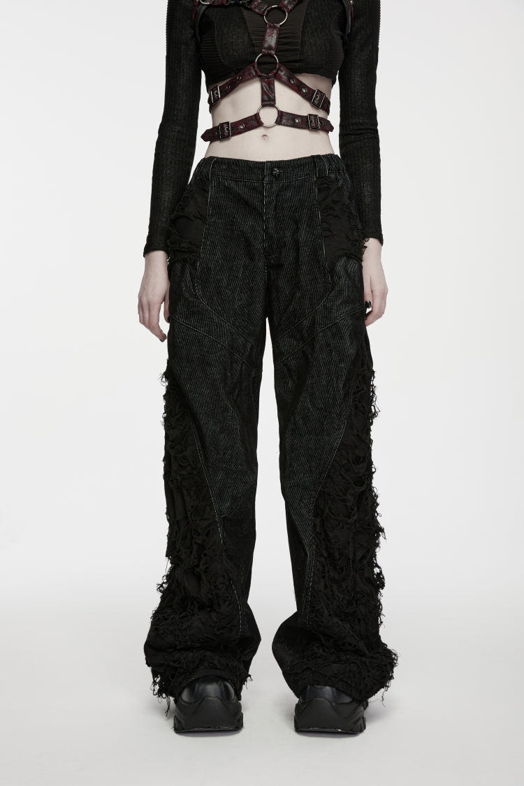 Black Patchwork Ripped Pleated Women's Punk Wide Leg Pants - Product - 7
