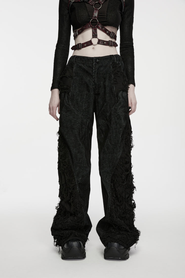 Black Patchwork Ripped Pleated Women's Punk Wide Leg Pants - Product - 7