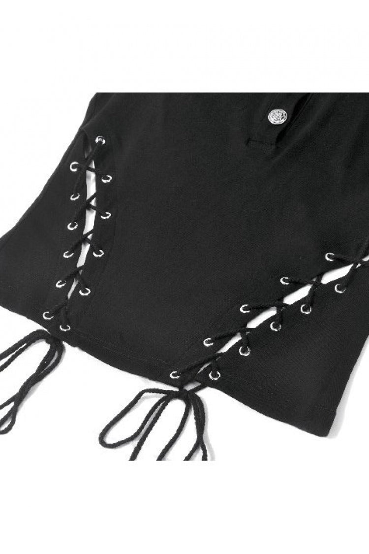 Black Women's Punk Turn-down Collar Lace-Up Studded Sleeveless Polo Top - Product - 13