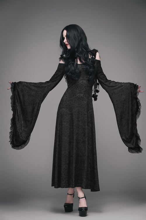 Black Gothic Big Cuffs Stretchy Floral Off The Shoulder Hooded Long Womens Dress - Product - 4