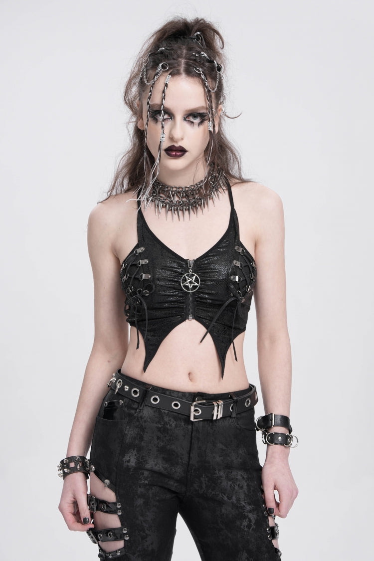 Black Sleeveless Stitching Irregular Mesh Women's Punk Tank Top - Product - 4
