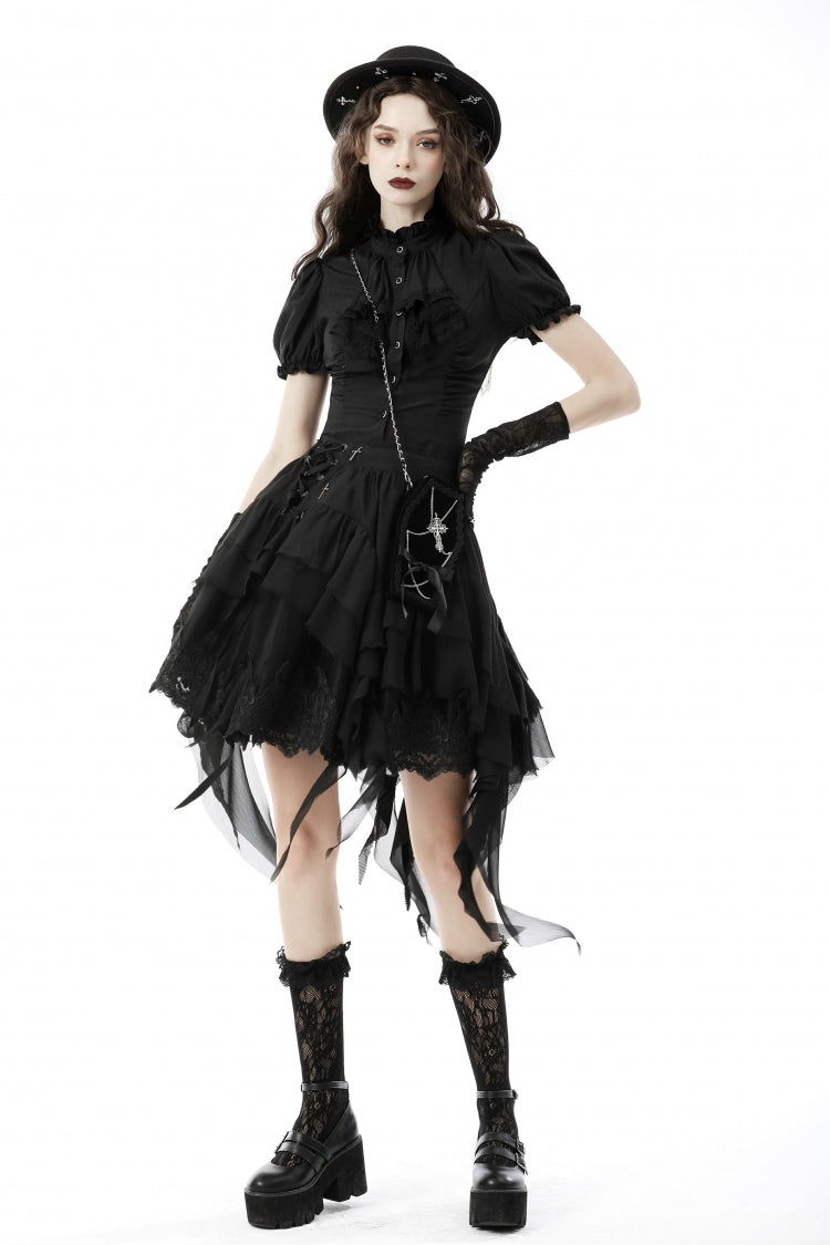 Black Ruffled Stand Collar Lace Jabot Short Puff Sleeves Front Button‑Up Lace-Up Women's Gothic Blouse - Product - 6