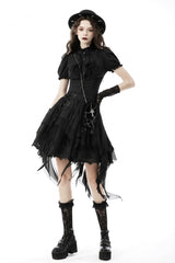 Black Ruffled Stand Collar Lace Jabot Short Puff Sleeves Front Button‑Up Lace-Up Women's Gothic Blouse - Product - 6