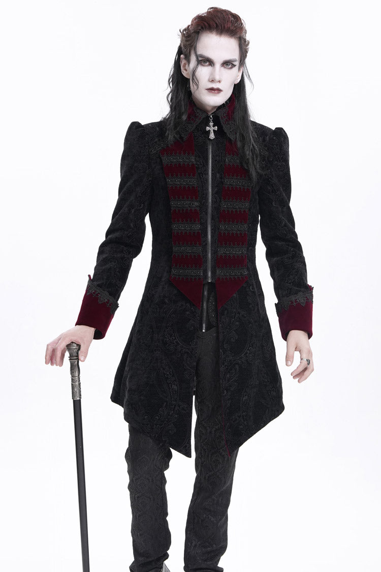 Black/Red Lapel Collar Long Sleeves Crochet  Men's Gothic Jacket - Product - 9
