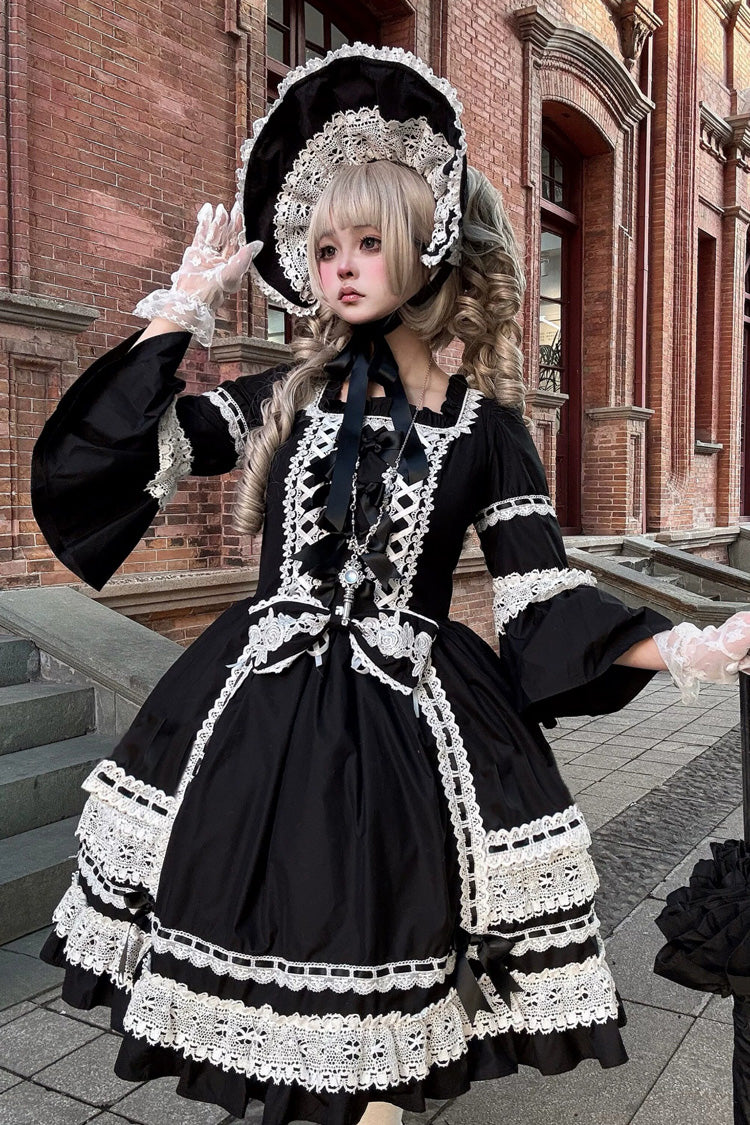 Black Square Collar Long Trumpet Sleeves Bow Lace Lace-Up Gothic Lolita Dress - Product - 3