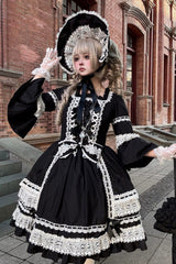Black Square Collar Long Trumpet Sleeves Bow Lace Lace-Up Gothic Lolita Dress - Product - 3