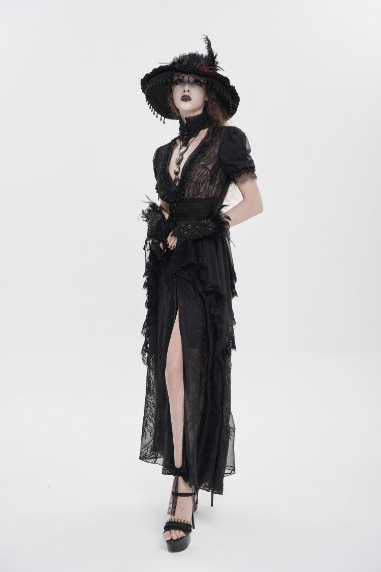 Black V Collar Short Sleeves Hanayome Lace Women's Gothic Wedding Dress - Product - 8
