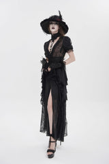 Black V Collar Short Sleeves Hanayome Lace Women's Gothic Wedding Dress - Product - 8