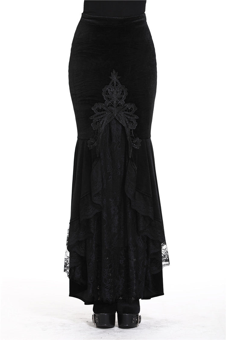 Black Velour Lace Spliced Women's Gothic Mermaid Maxi Skirt - Product - 9