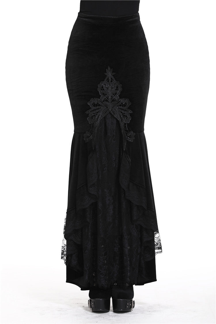 Black Velour Lace Spliced Women's Gothic Mermaid Maxi Skirt - Product - 9