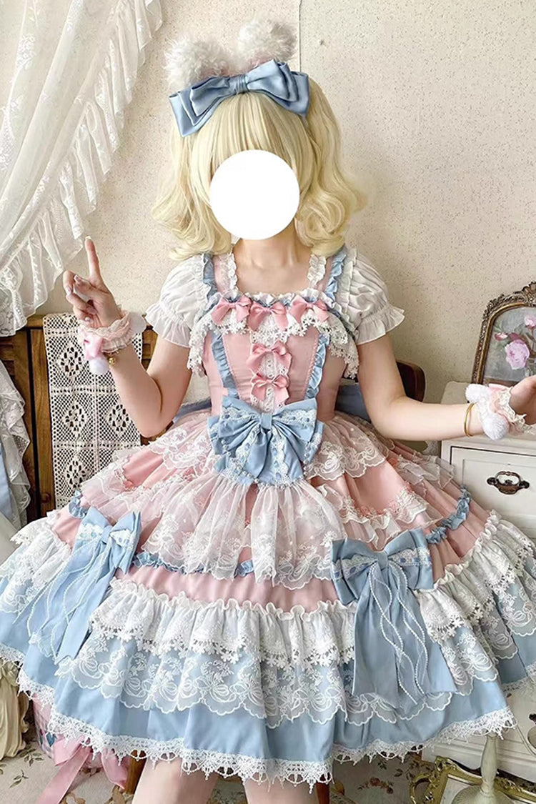 Blue Sleeveless Multi-Layered Ruffle Bowknot Lace Sweet Gorgeous Lolita Doll Jsk Dress - Product - 4