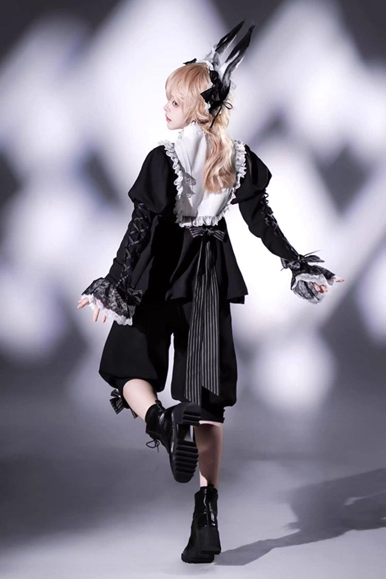 Black/White [Rabbit Hole] Long Sleeves Bow Gothic Prince Ouji Lolita Set - Product - 3