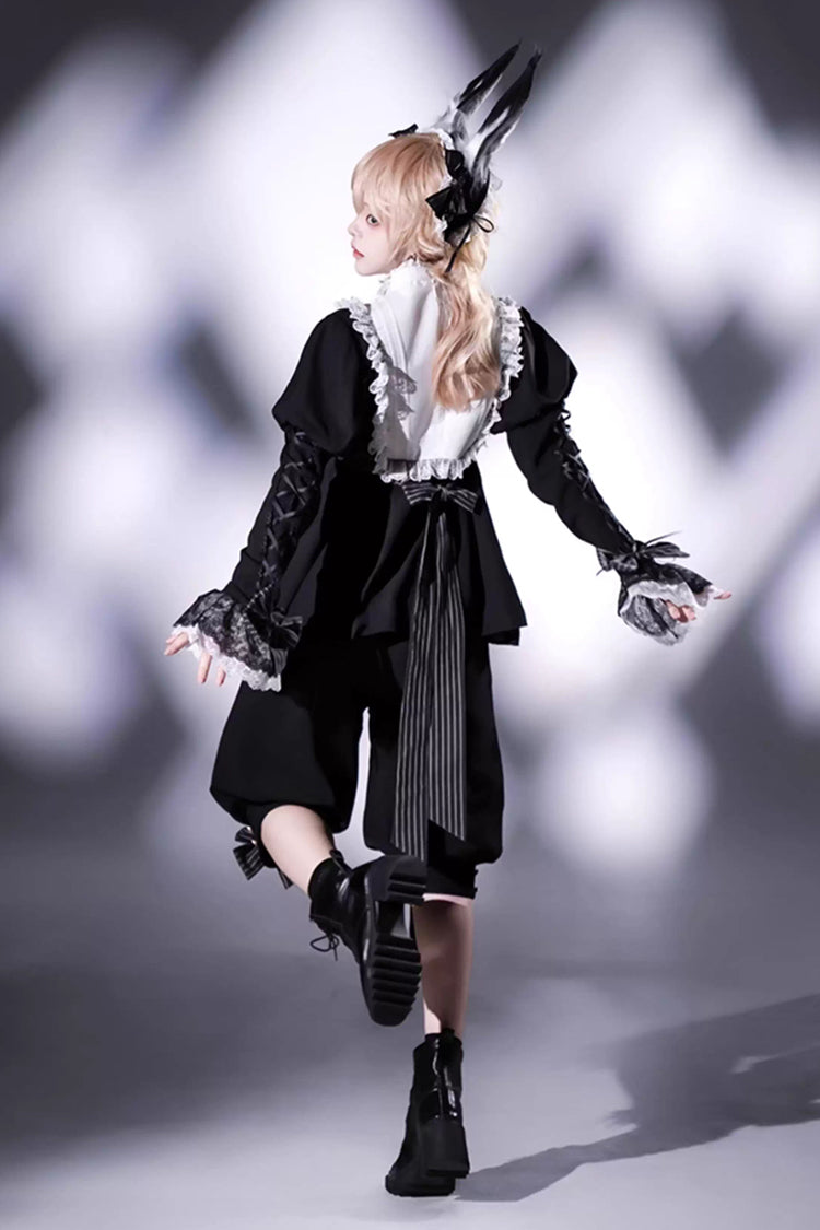 Black/White [Rabbit Hole] Long Sleeves Bow Gothic Prince Ouji Lolita Set - Product - 3