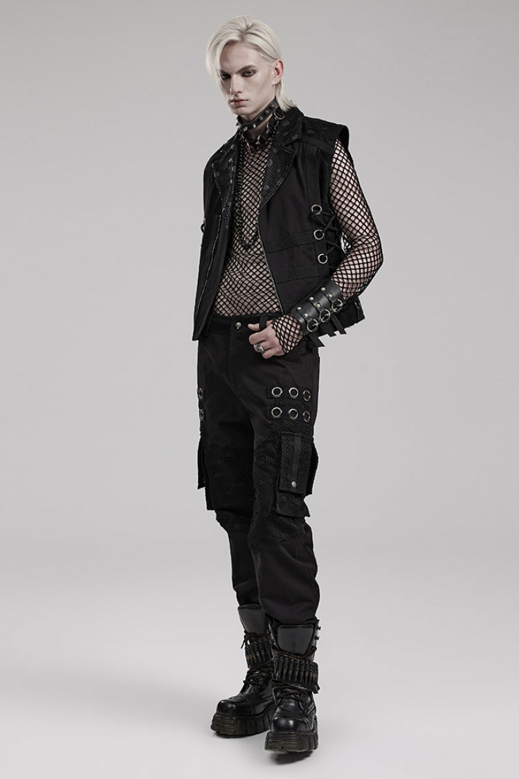 Black Stitching Mesh Metal Ring Decoration Men's Steampunk Pants - Product - 4