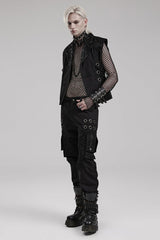 Black Stitching Mesh Metal Ring Decoration Men's Steampunk Pants - Product - 4