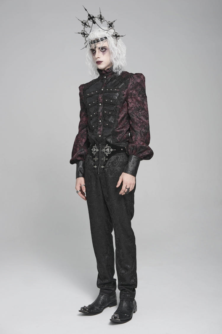 Black/Red Stand Collar Long Lantern Sleeves Floral Print Embroidery Men's Gothic Blouse - Product - 8