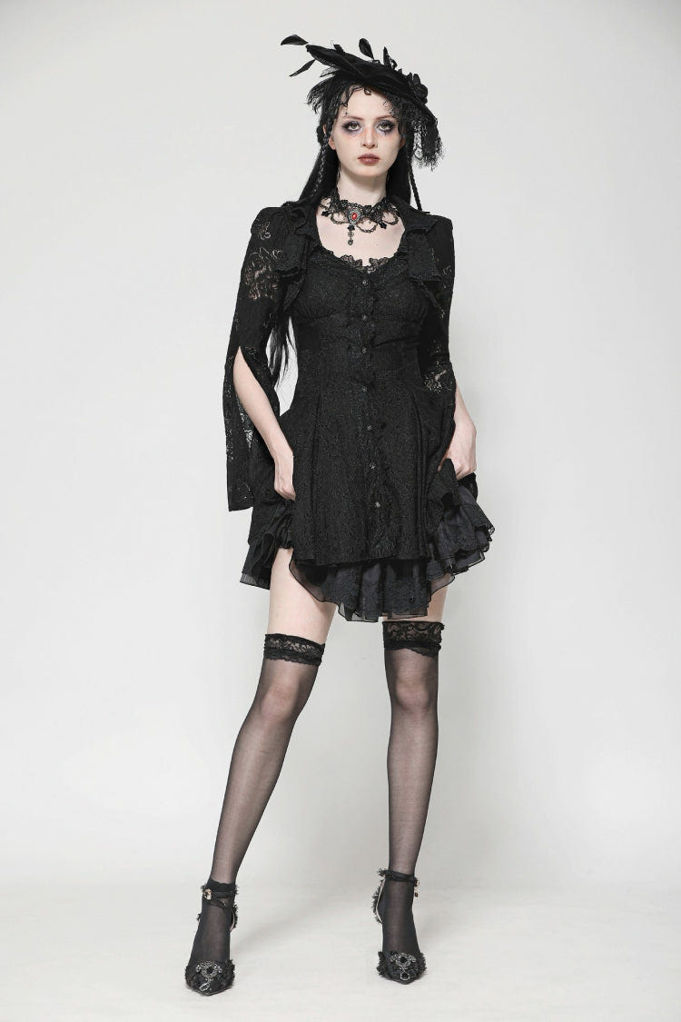 Black Long Trumpet Sleeves Embroidered Lace Lace-Up Women's Gothic Honeymoon Dress - Product - 8
