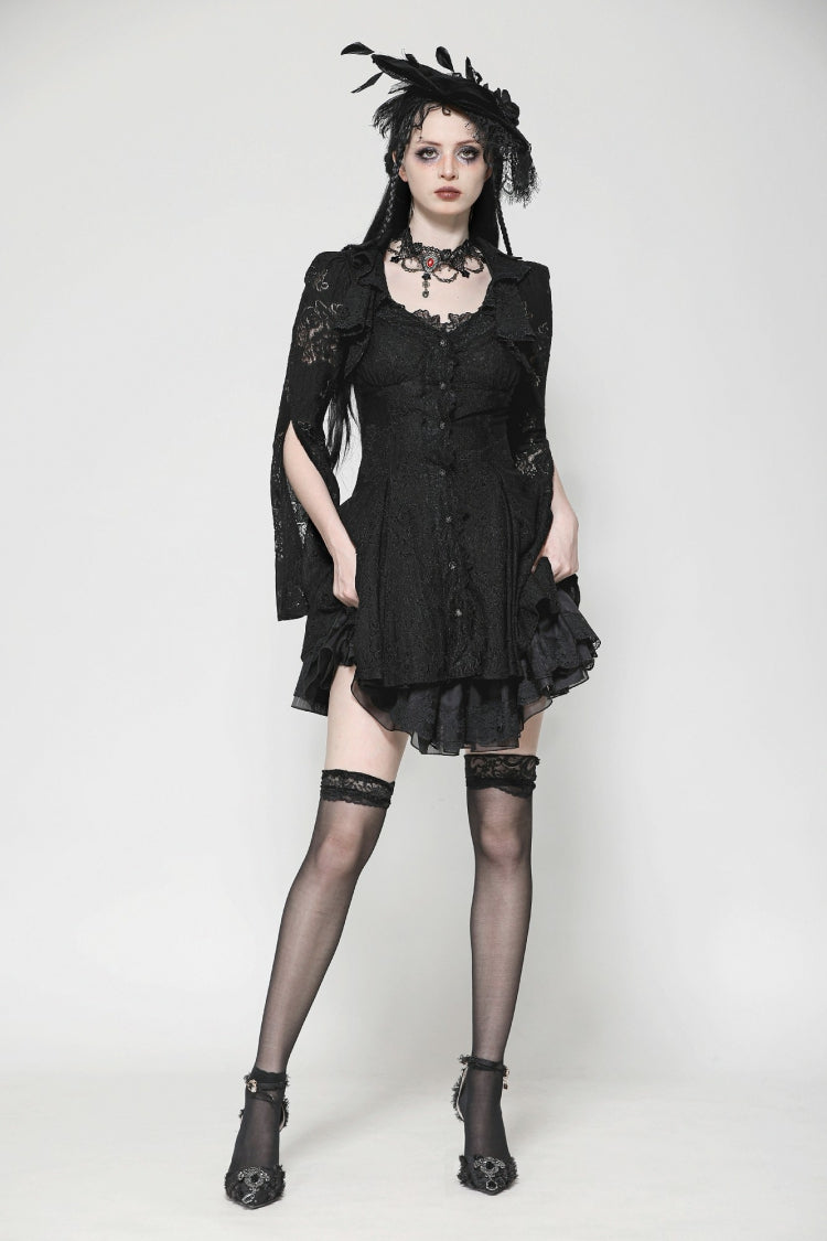 Black Long Trumpet Sleeves Embroidered Lace Lace-Up Women's Gothic Honeymoon Dress - Product - 8