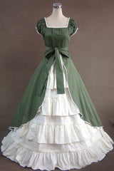 Green Cotton Square Collar Cap Sleeves Floor Length Pleats Bowknot Cardigan Victorian Gothic Lolita Dress - Green - 1