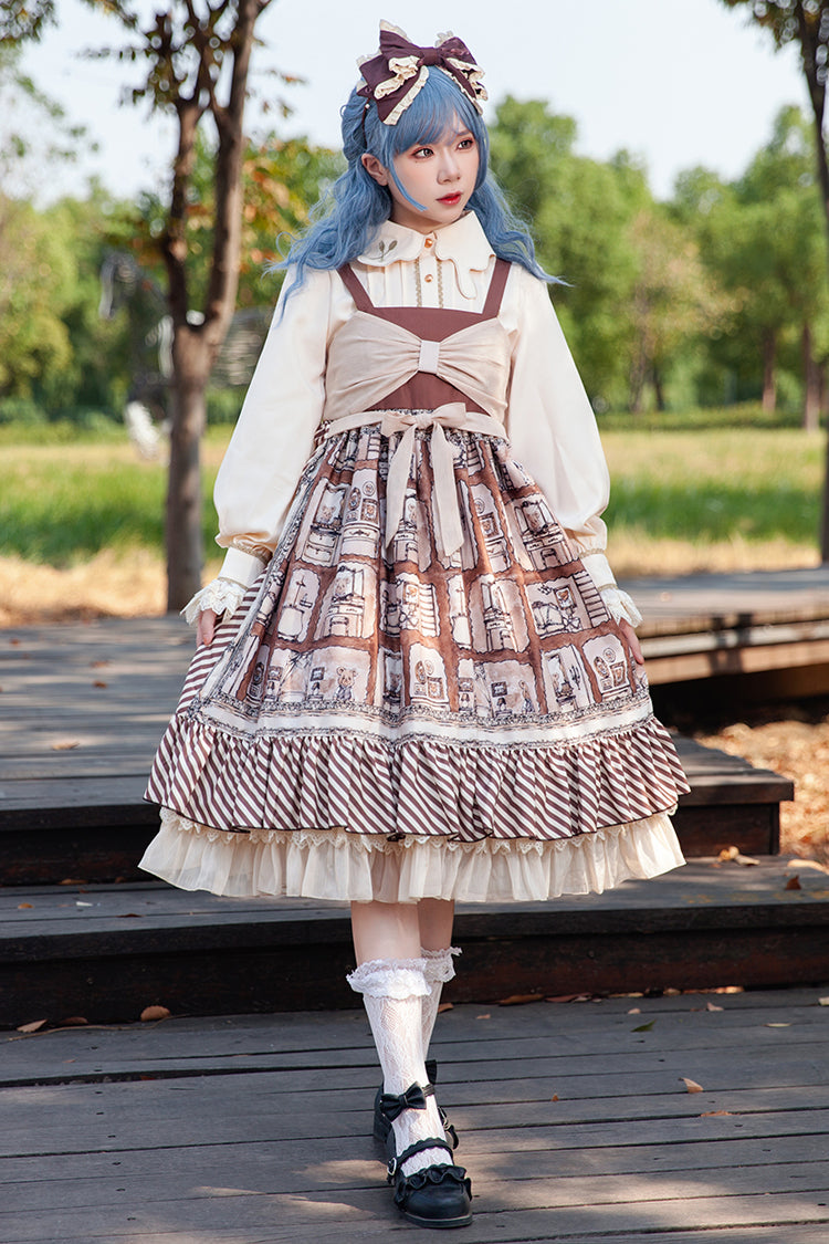 Brown Underground Bear Print Ruffle Bowknot Sweet (Dress Only) front view
