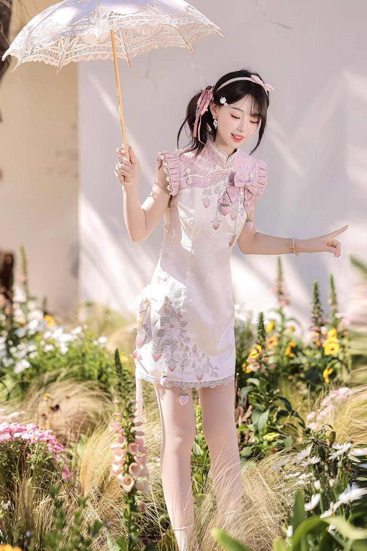 White/Pink [Spring Strawberry] Stand Collar Ruffled Embroidered Lace Color-Blocked Chinese Style Sweet Lolita Dress Cheongsam - Product - 11