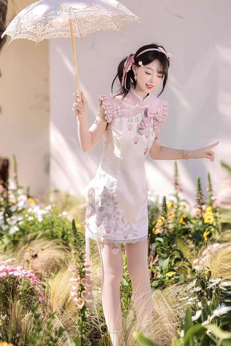 White/Pink [Spring Strawberry] Stand Collar Ruffled Embroidered Lace Color-Blocked Chinese Style Sweet Lolita Dress Cheongsam - Product - 11