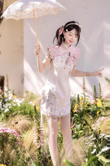 White/Pink [Spring Strawberry] Stand Collar Ruffled Embroidered Lace Color-Blocked Chinese Style Sweet Lolita Dress Cheongsam - Product - 11
