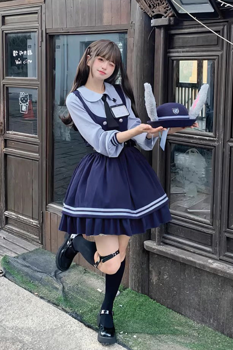 Blue [Rabbit Officer] Long Sleeves Printed Ruffled Faux Two-Piece College Style Sweet Lolita Dress - Product - 5