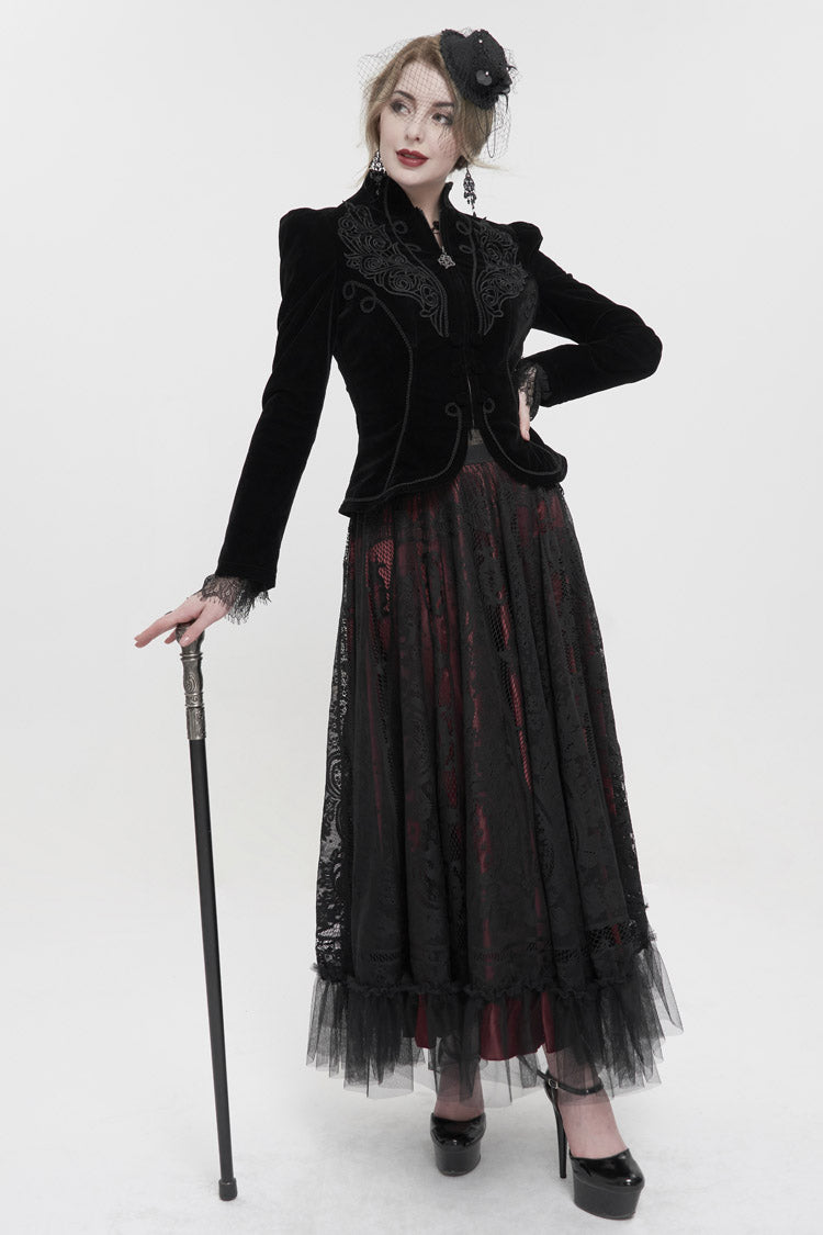 Black Stand Collar Velvet Appliqu On Chest Pendant Zipper Autumn And Winter Short Long Sleeve Women's Gothic Jacket - Product - 3