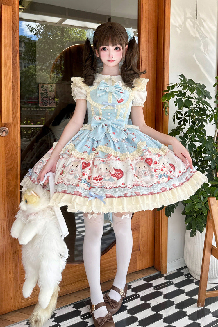 Blue [Cute Rabbit Party] Sleeveless Double-Layered Printed Ruffled Bow Sweet Lolita Jsk Dress - Product - 5