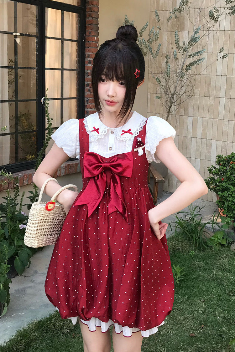 Red [Little Mushroom] Sleeveless Polka Dot Printed Ruffled Bow Sweet Lolita Jsk Dress - Product - 8