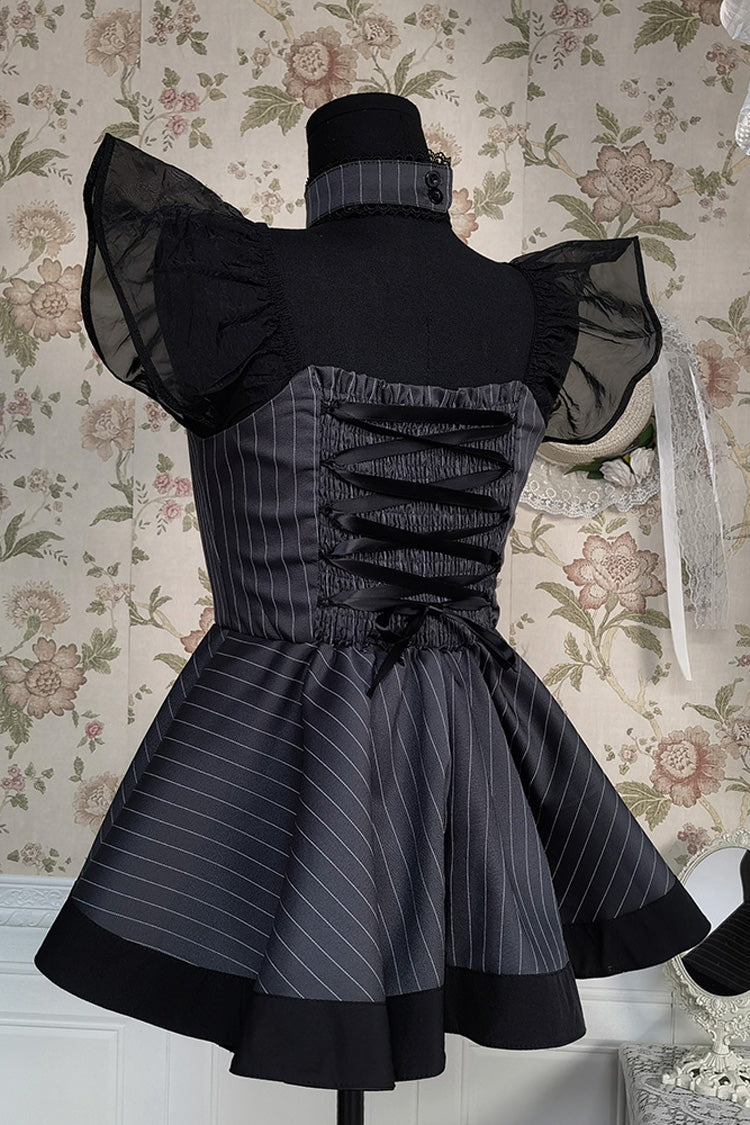 Grey Stripe Print Ruffle Bowknot Gothic Japanese Maid Lolita Dress - Product - 7