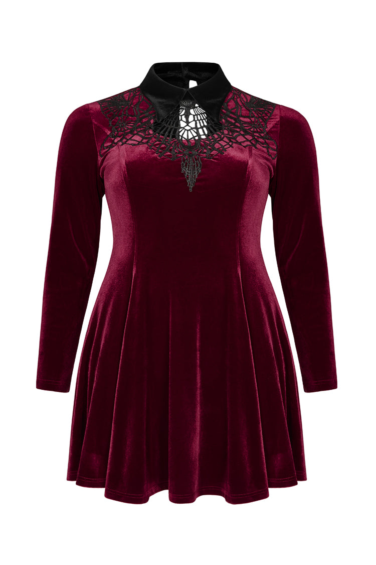 Red Velvet Front Chest Hollow-Out Decals Back Lace-Up Long Sleeve Plus Size Women's Gothic Dress - Product - 5