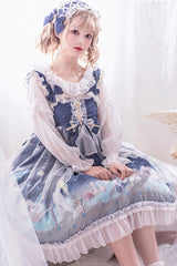 Blue Lace Chiffon Little Prince Printed Sweet Lolita Jsk Dress - Product - 2