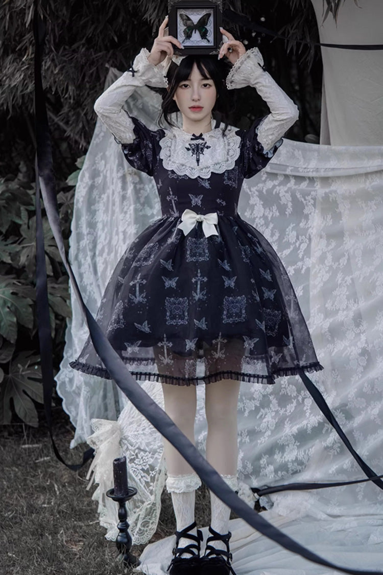 Black Embroidered Butterfly Print Gothic Lolita Dress - Product - 4