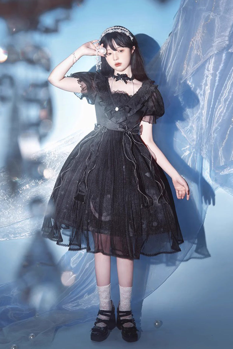 Black High Waisted Planet Butterfly Print Ruffle Lace Gothic Lolita Dress - Product - 16