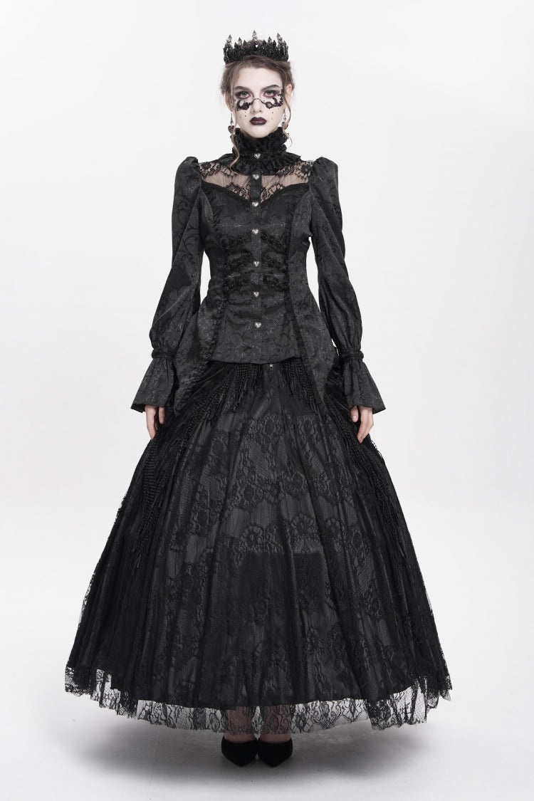 Black Stand Collar Long Sleeves Jacquard Hollow Lace Women's Gothic Blouse - Product - 7