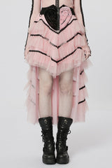 Heart Embroidery Skull Pendant Zipper Irregular Mesh Women's Gothic Skirt 2 Colors - Pink - 1