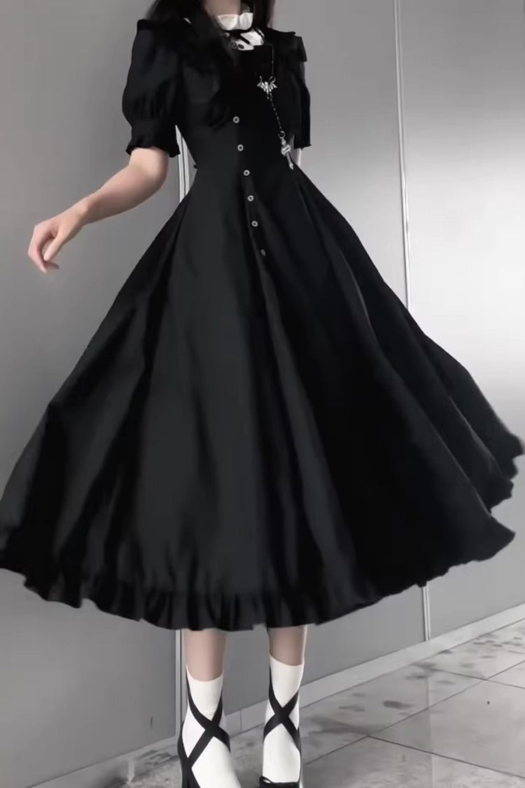 Black [Day & Night] Stand Collar Short Sleeves Ruffled Gothic Elegant Lolita Dress - Product - 2