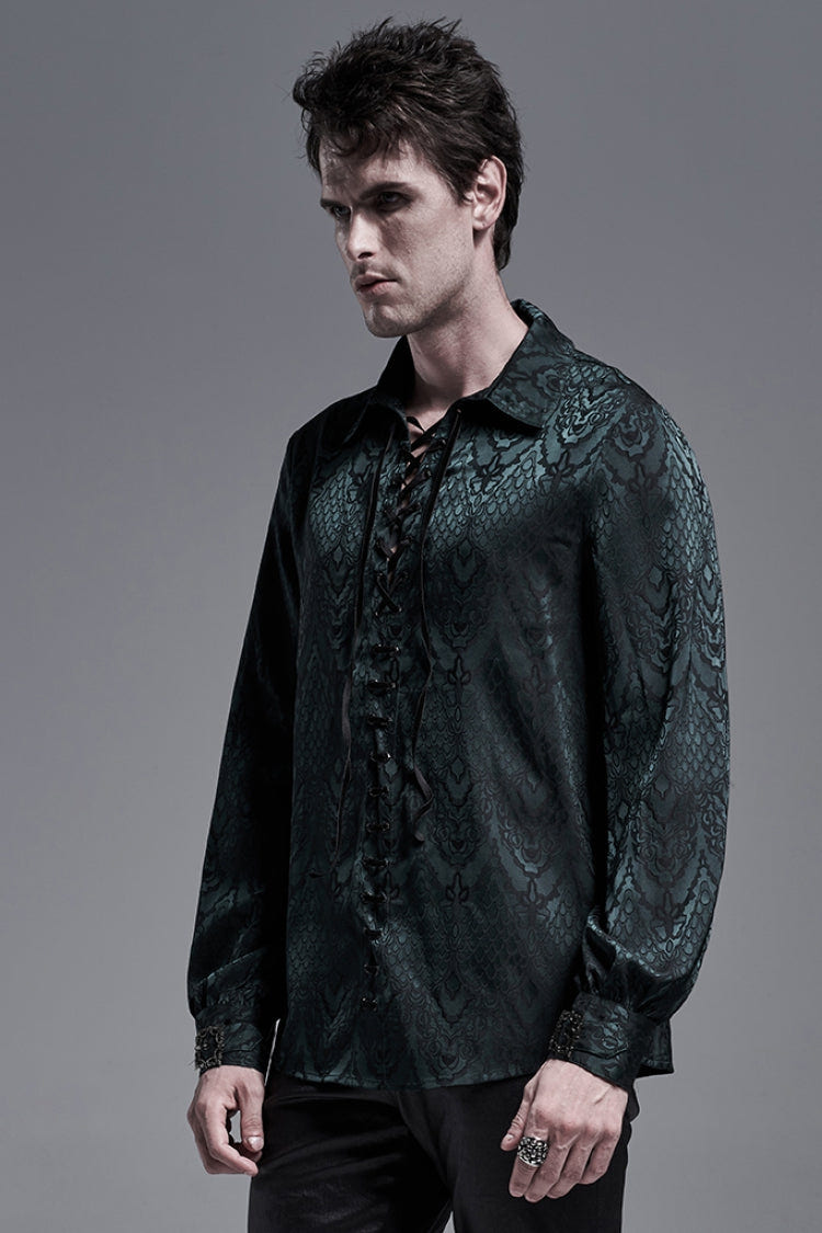 Jacquard Long Sleeve Front Metal Eyelets Lace Up Metal Carving Buckle Cuff Men's Gothic Shirt 3 Colors - Product - 16