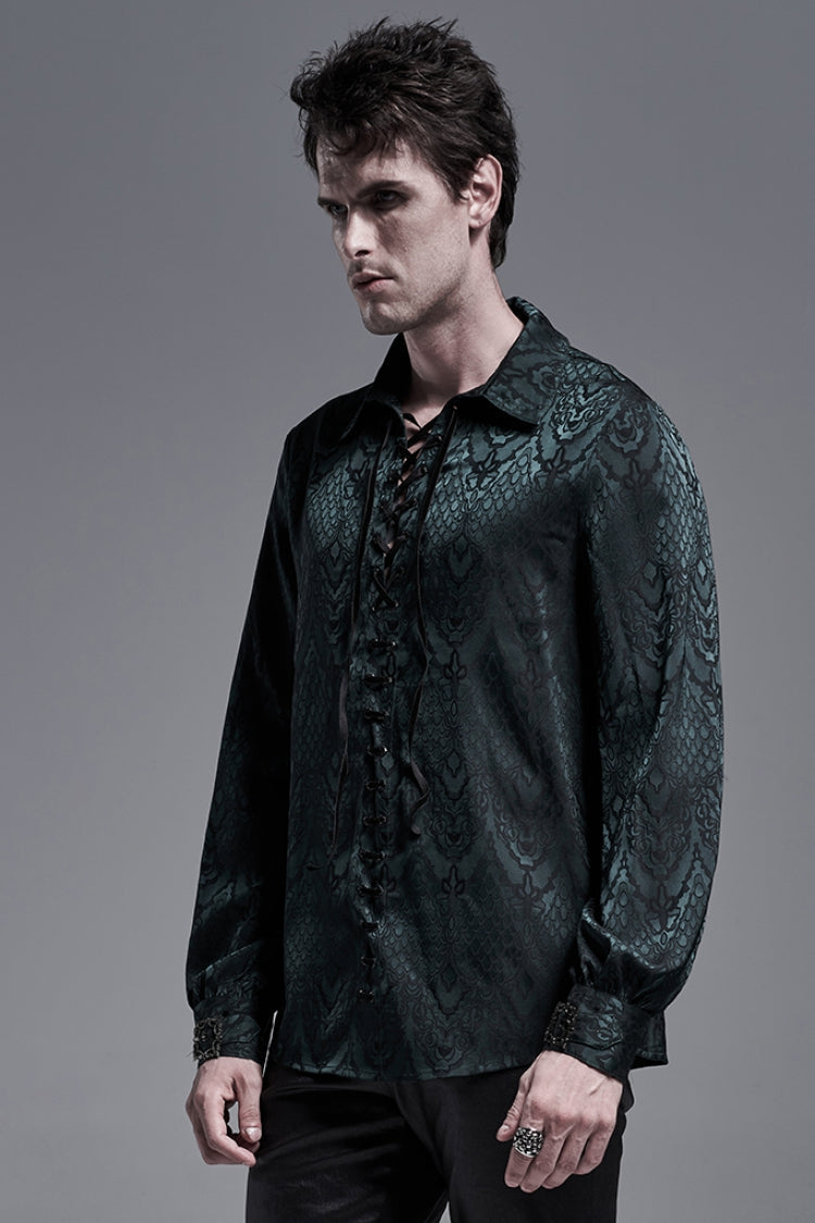 Jacquard Long Sleeve Front Metal Eyelets Lace Up Metal Carving Buckle Cuff Men's Gothic Shirt 3 Colors - Product - 16