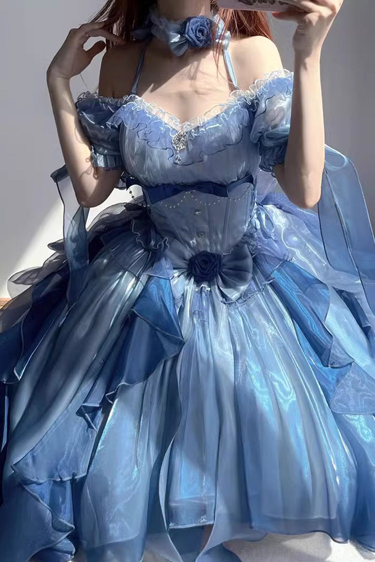 Blue Short Sleeves Hanayome Bowknot Sweet Elegant Princess Lolita Dress - Product - 4