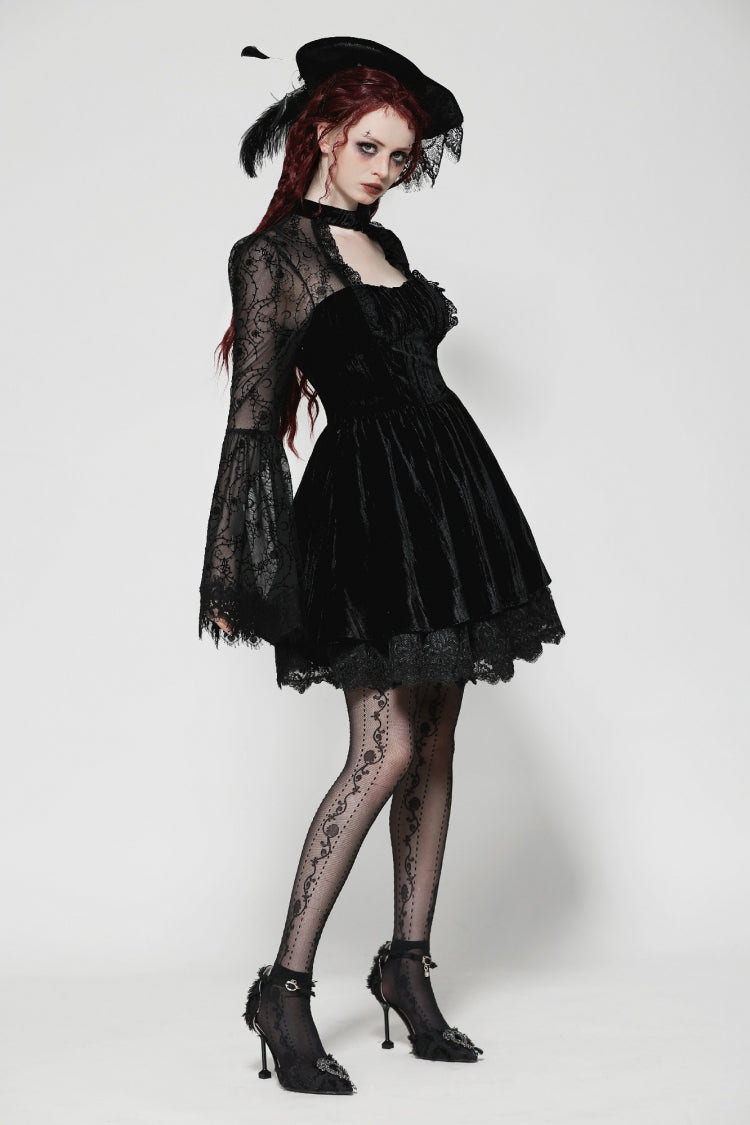 Black Lace Long Trumpet Puff Sleeves Floral Jacquard Cut-Out Lace-Up Women's Gothic Short Dress - Product - 2